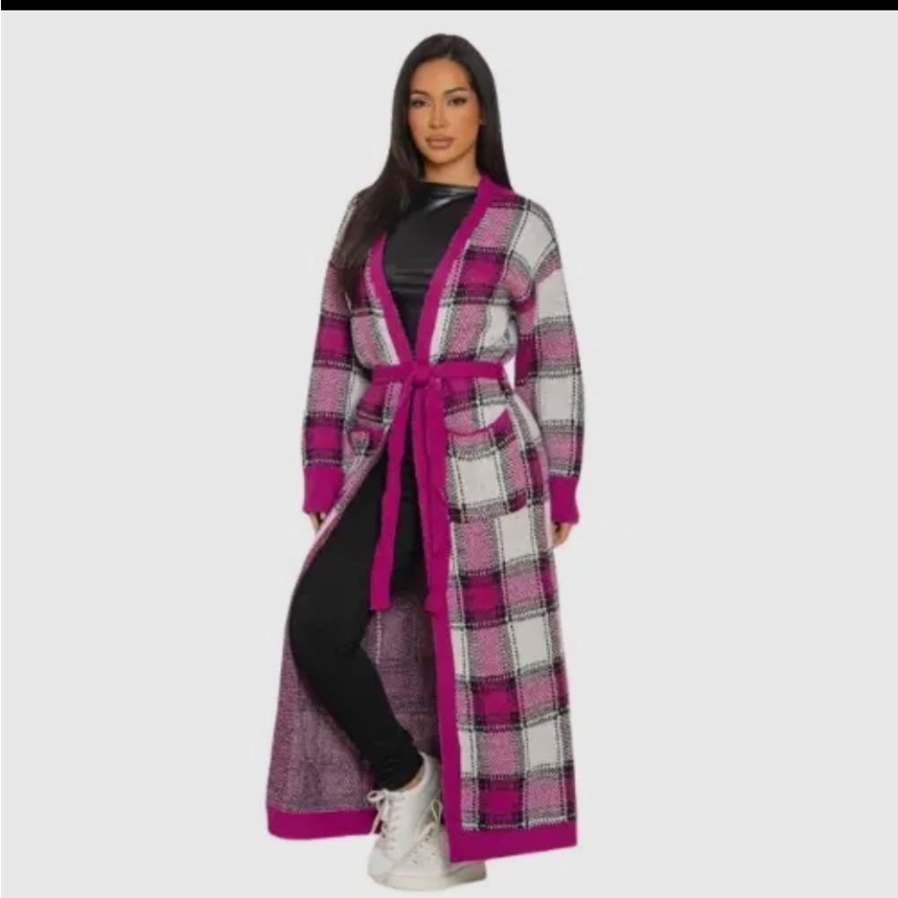 0043. Plaid Long Cardigan with Belt - Picture 2 of 4